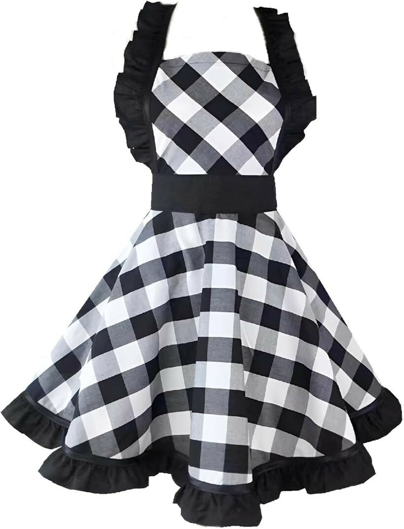 Gingham Aprons - エプロン ギンガムチェック フリル付き 女性用前掛け レストラン カフェ キッチン (ブラック)