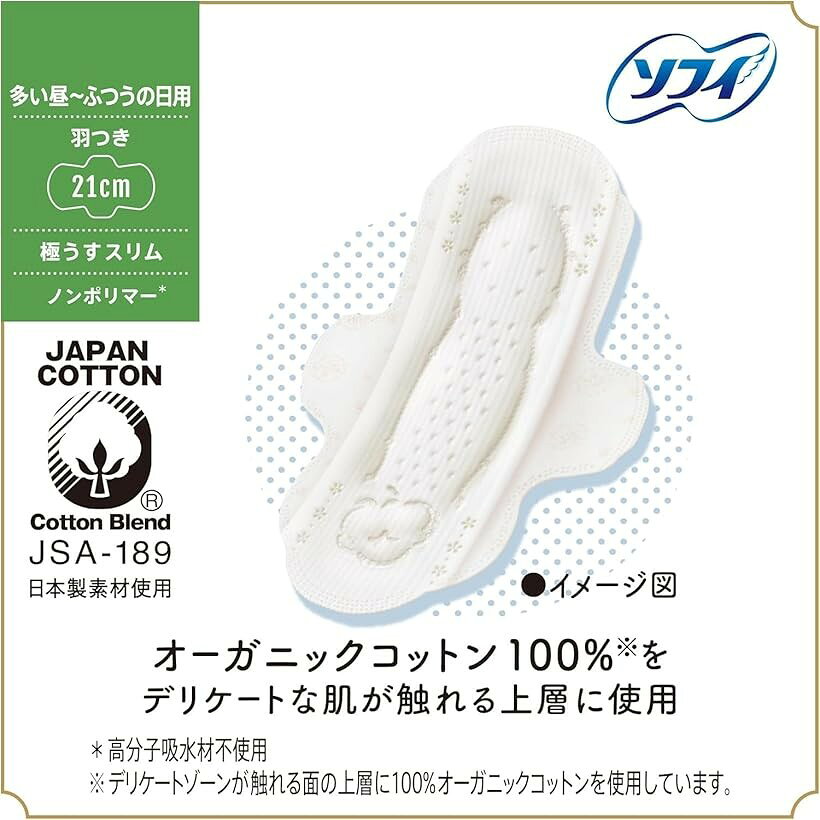 まとめ買い はだおもい オーガニックコットン 極うすスリム 多い昼 ～ ふつうの日用 210 羽つき 21cm 17枚 x 2個セット 合計34枚特製ティッシュ付 mlinestore-10263177 エムラインストア サンプル画像3