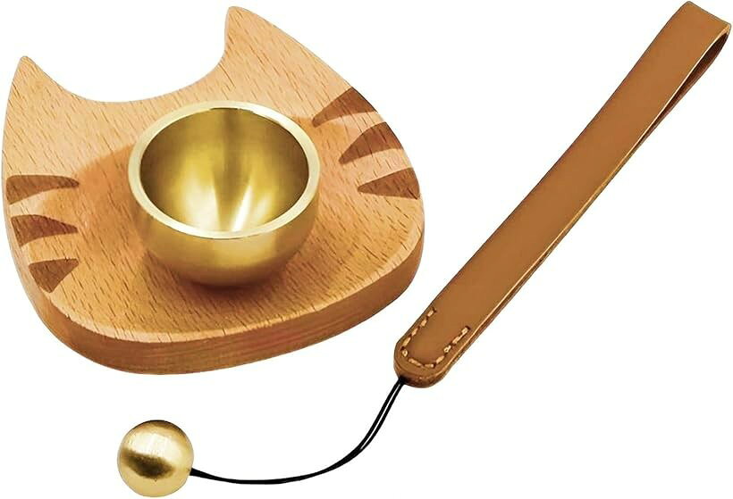 Cat - ペット 仏具 仏壇 ミニおりん 3点セット ねこ耳台座 りん棒 ペット供養 (ブラウン)