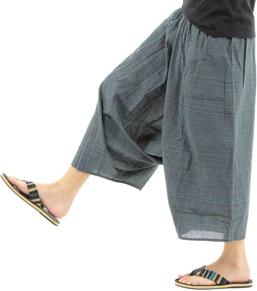 OKI オキ ガウチョパンツ 袴パンツ ワイドパンツ メンズ エスニック サルエルパンツ スカンツ タイパンツ ストライプグレー (ストライプグレー, Free Size)
