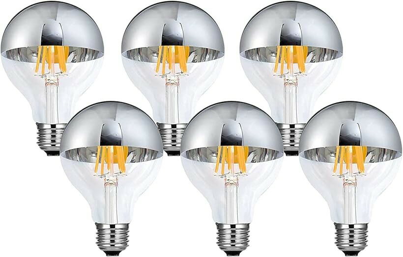 KY LEE メタル LEDシルバーボールランプ 8W フィラメントLED電球 省エネ 高演色 G80 110V 2700K電球色 E26口金 半分クローム 6個入 (G80-8-H)