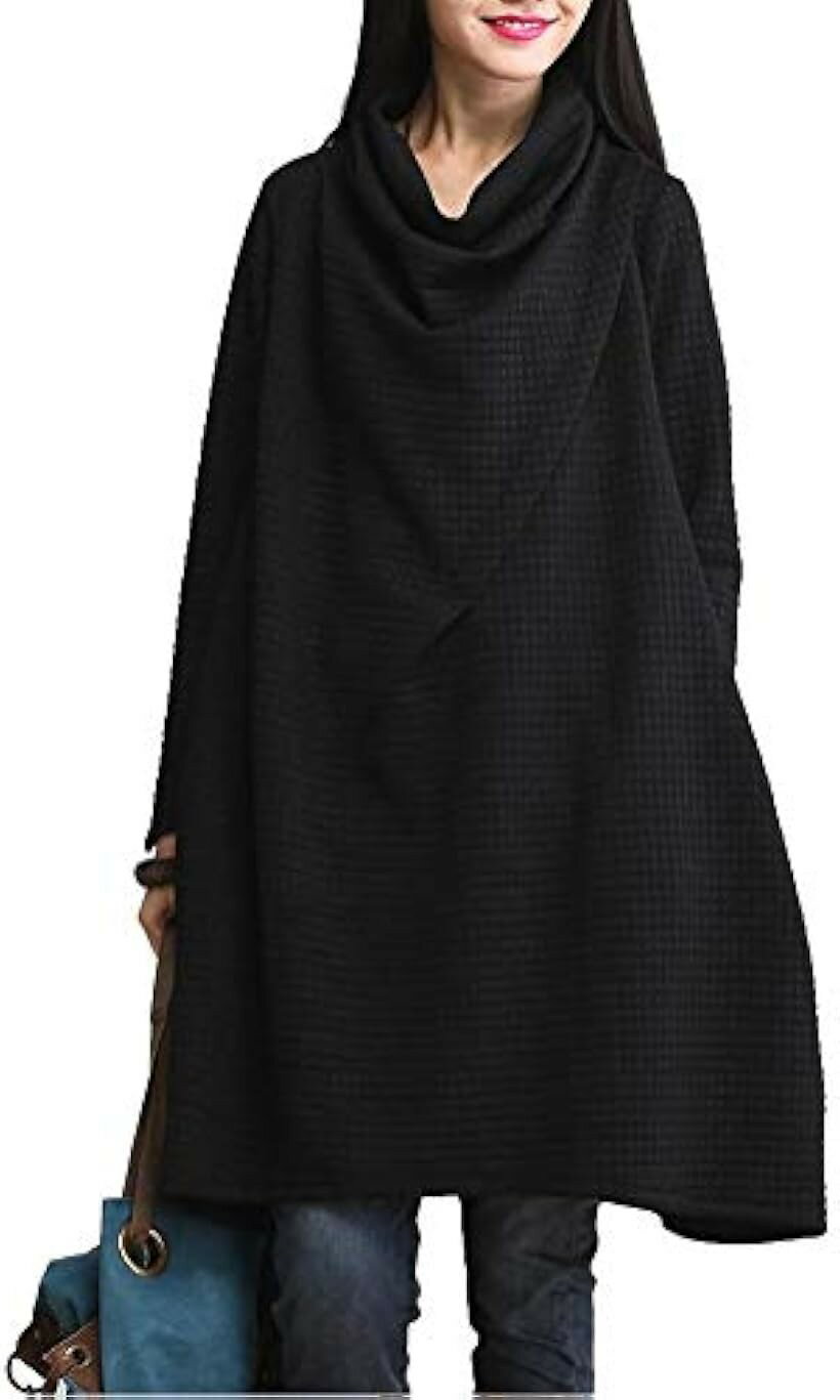 Dresses - ドレープ aライン チュニックワンピ ワッフル カットソー レディース ワンピース 長袖 2XL 黒色 (ブラック, 04.2XL)
