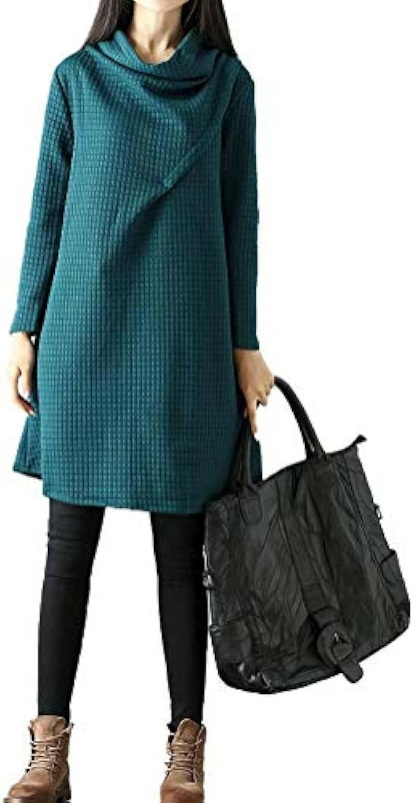 Dresses - ドレープ aライン チュニックワンピ ワッフル カットソー レディース ワンピース 長袖 3XL 緑色 (グリーン, 05.3XL)