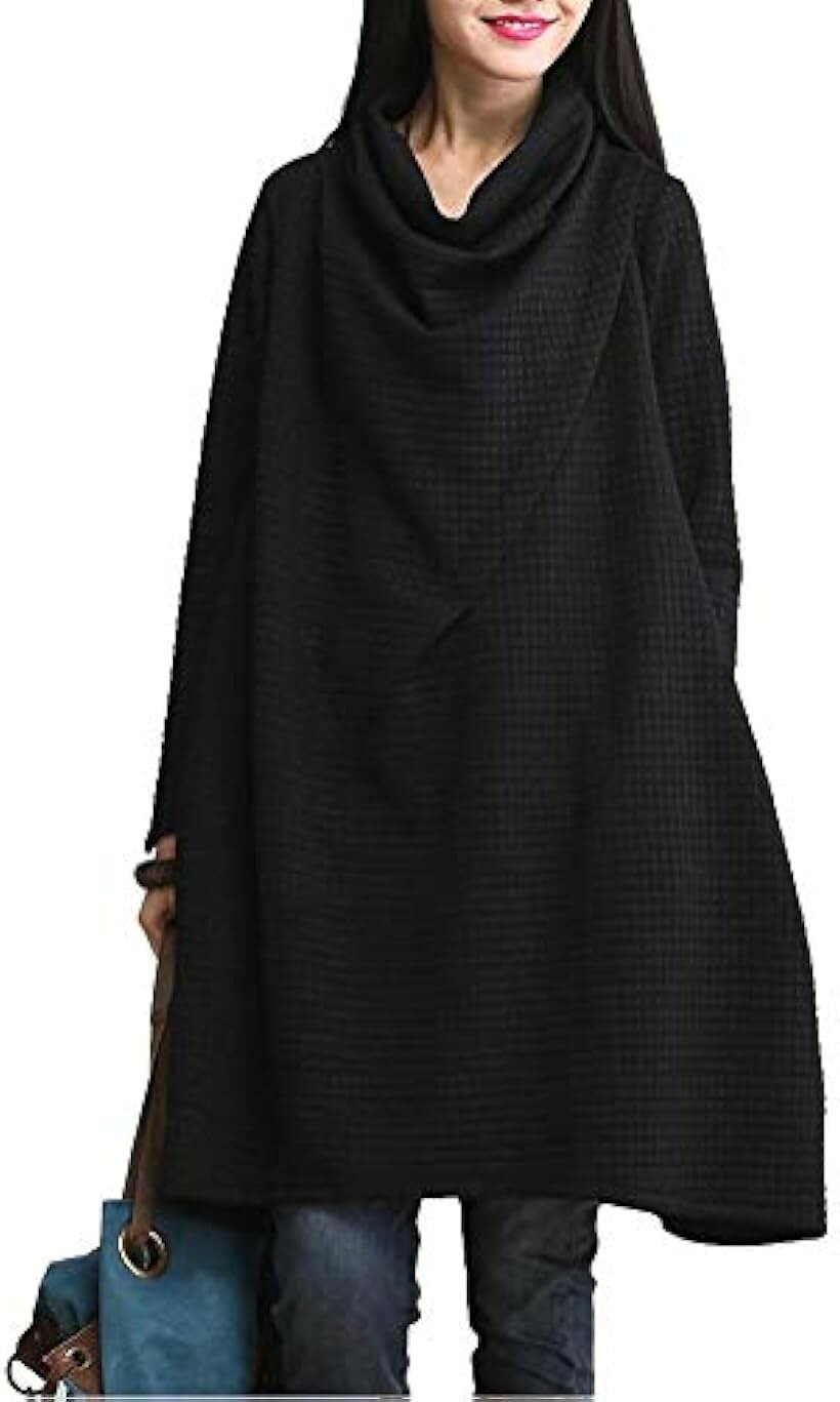 Dresses - ドレープ aライン チュニックワンピ ワッフル カットソー レディース ワンピース 長袖 M 黒色 (ブラック, 01.M)