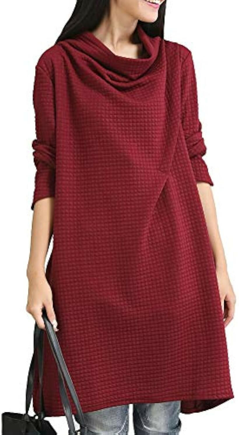 Dresses - ドレープ aライン チュニックワンピ ワッフル カットソー レディース ワンピース 長袖 M 赤色 (レッド, 01.M)