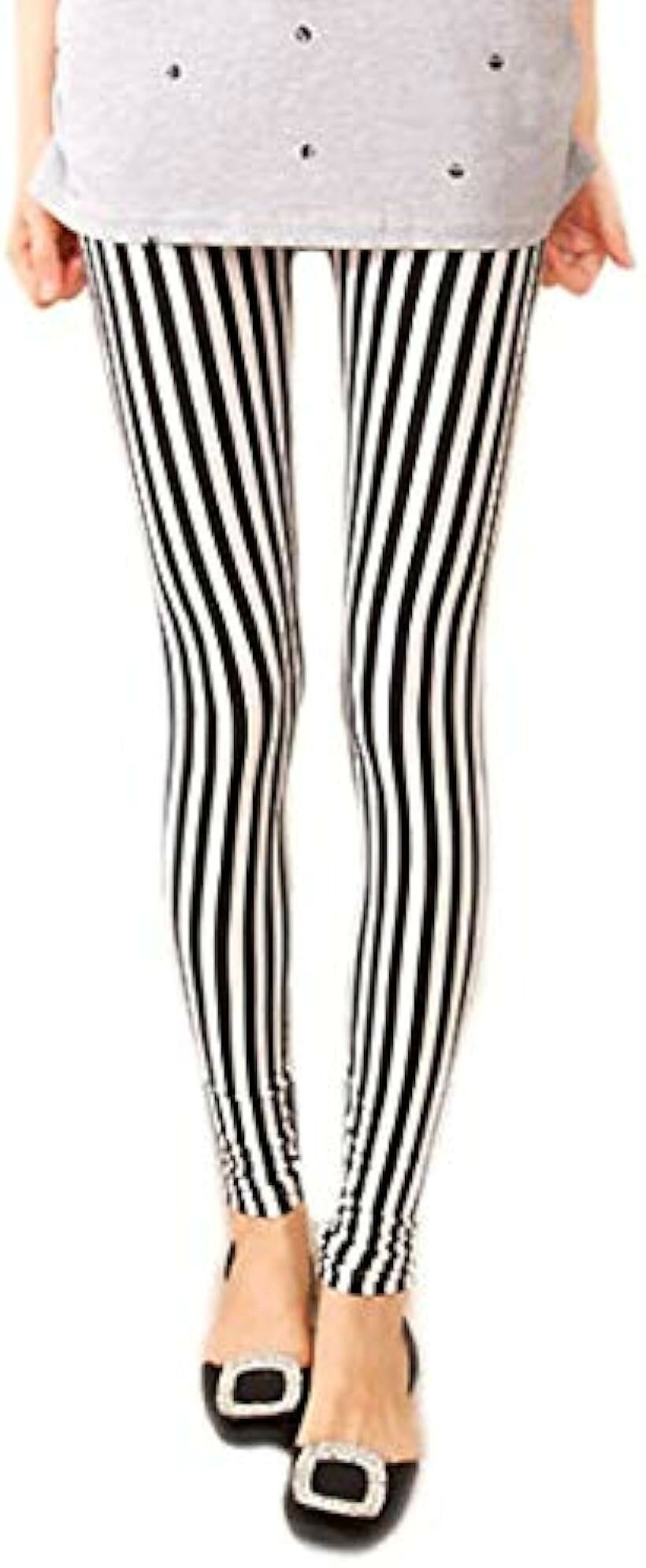 レディース レギンス 柄 ストレッチ パンツ スパッツ 細ストライプ (B(細ストライプ), Free Size)