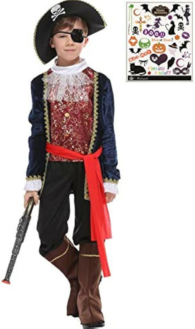 パイレーツ キッズ 海賊 船長 高級タイプ ブルー ハロウィン シール付き 2点セット キッズコスチ ...