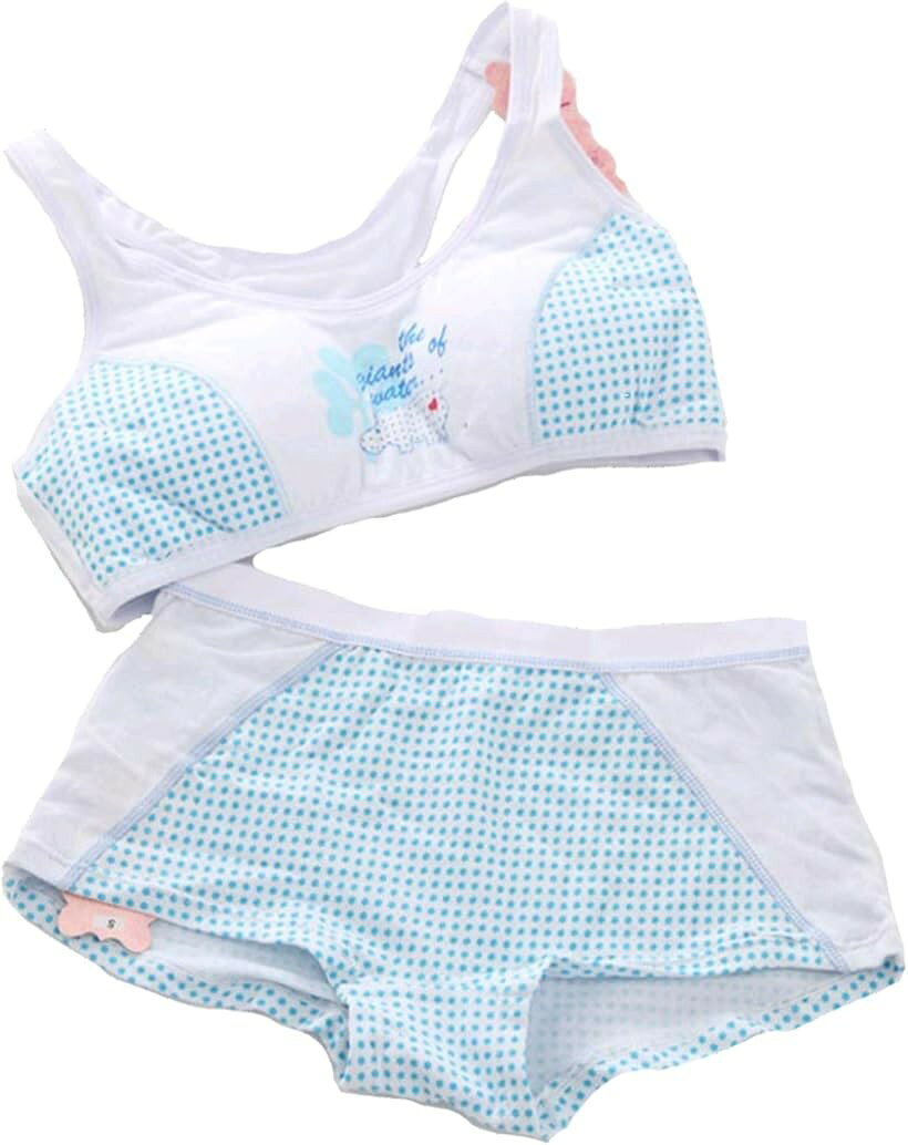XL 水玉 ノンワイヤー ブラジャー 上下セット スポブラ ブルー (ブルー, XL)