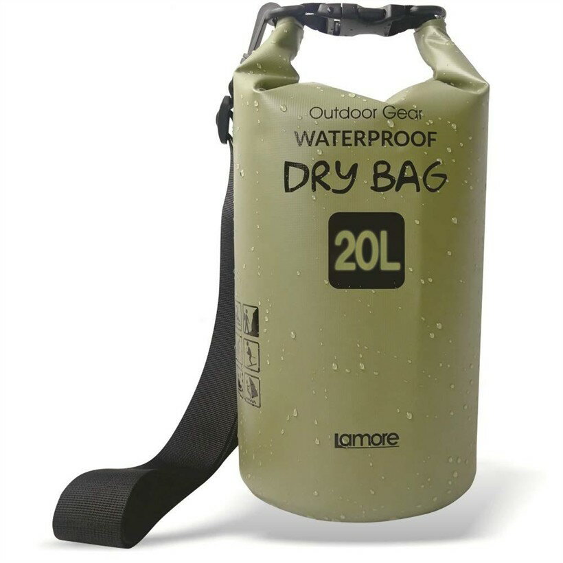 ドライバッグ 防水バッグ 防水ポーチ付 ドラム型 新素材 防塵 (3) アーミーグリーン, 20L)