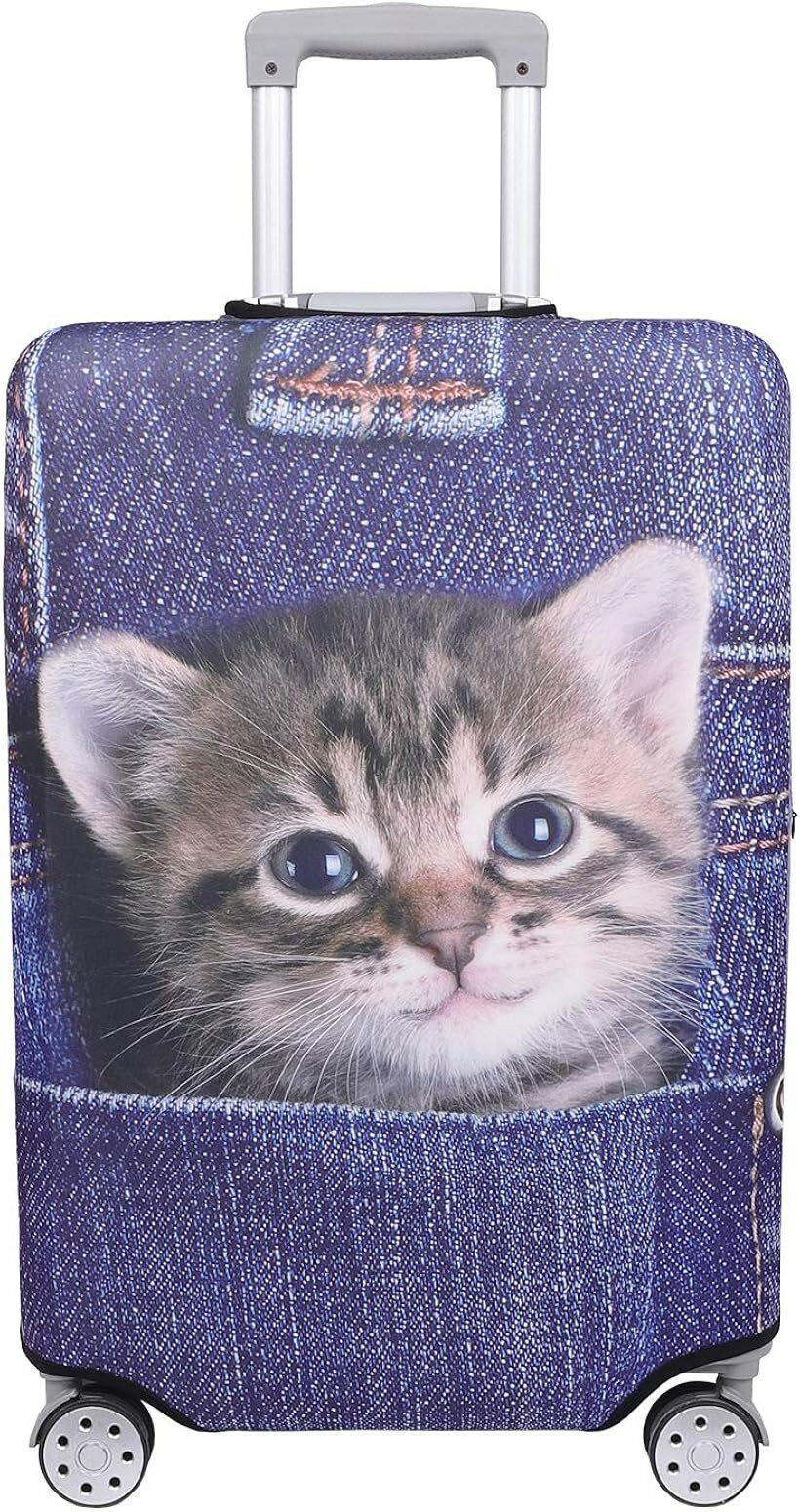 スーツケース 保護 カバー かわいい イヌ ネコ デニム トランクケース キャリーケース 伸縮 旅行 OD13 猫・トラ インディゴ M (猫・トラ（インディゴ）, M)