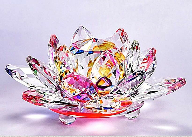 擺飾 - クリスタルガラス 水晶玉 蓮の花 ロータス サンキャッチャー 風水 インテリア プリズム オブジェ ギフト プレゼント レインボー (レインボー, 10cm)