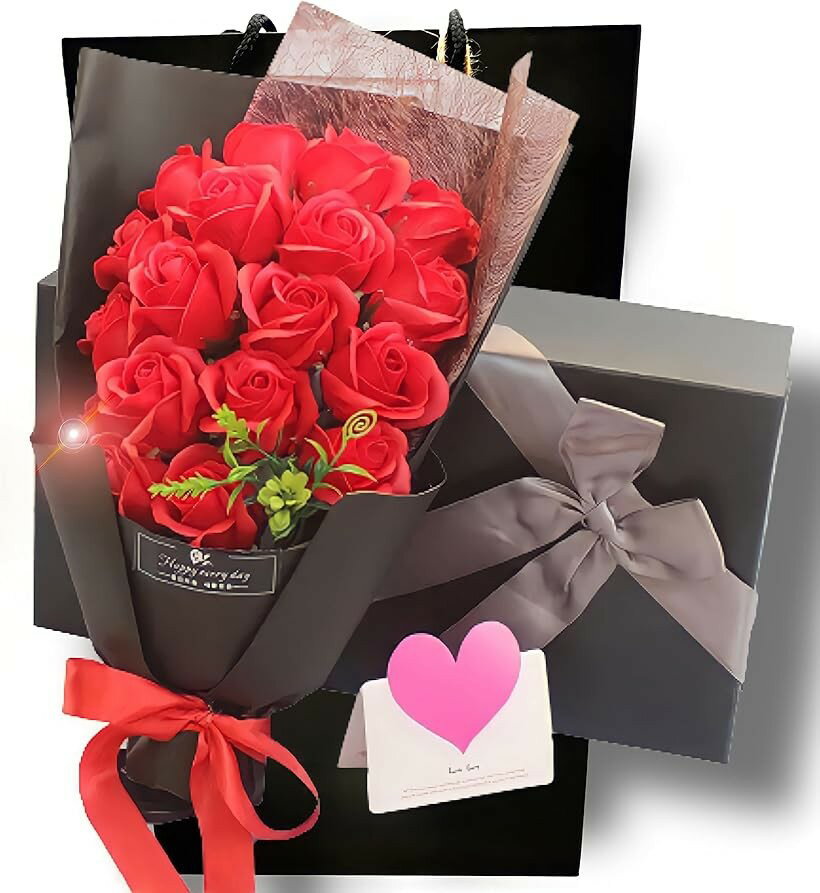 Western Furniture - ソープフラワー 結婚記念日 薔薇 花束 プレゼント ギフト 造花 誕生日 還暦 母の日 父の日 メッセージカード ショップバッグ付 18本 レッド (レッド)
