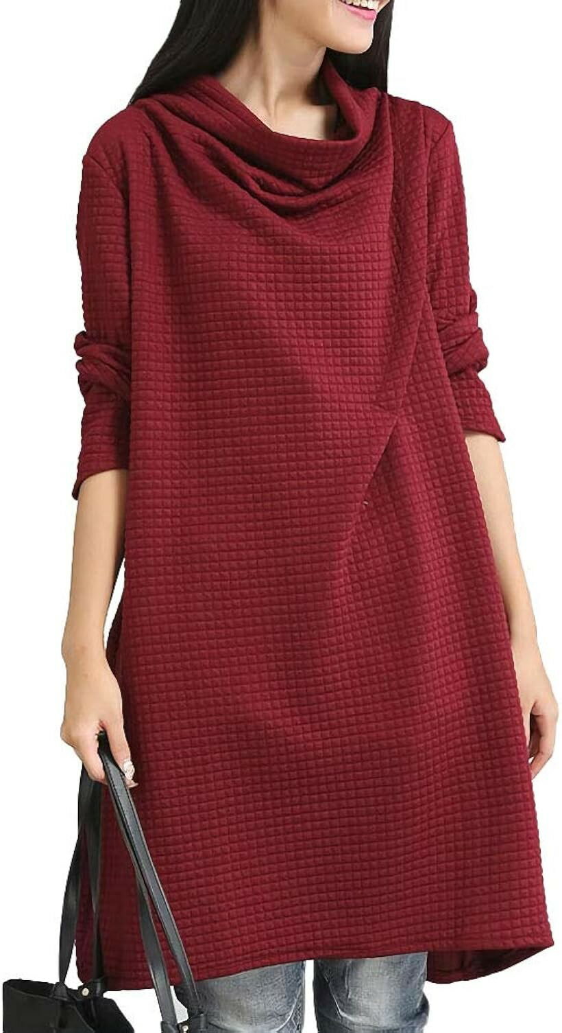 ドレープ aライン チュニックワンピ ワッフル カットソー レディース ワンピース 長袖 3XL 赤色 (レッド, 3XL)