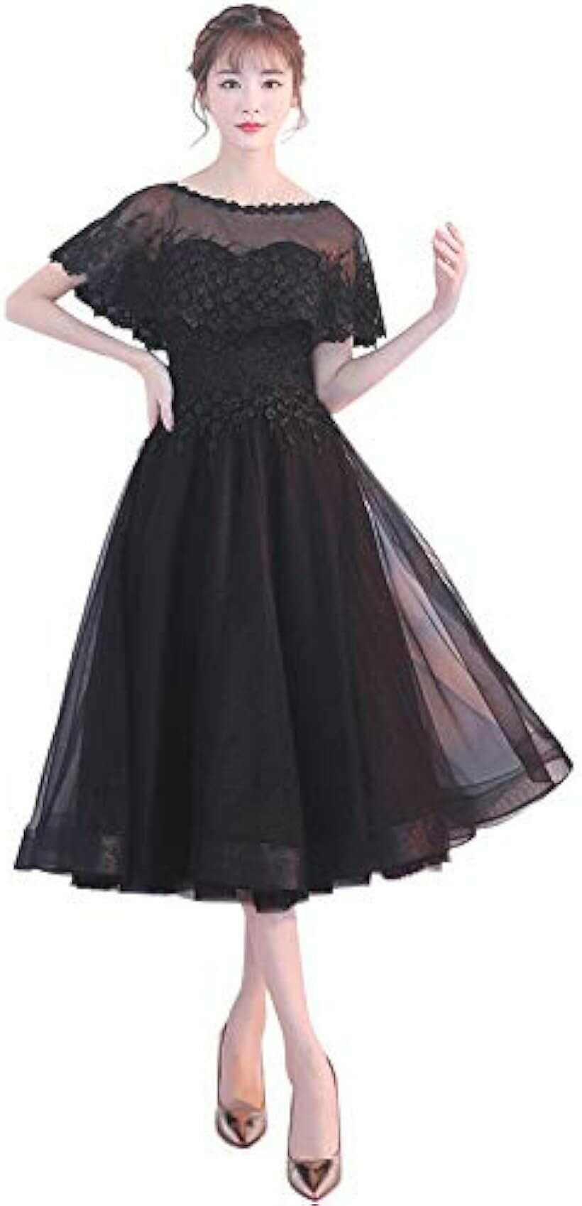 パーティードレス ミモレ丈 結婚式 ワンピース ロング フォーマルドレス S678 ブラック XL (ブラック, XL)