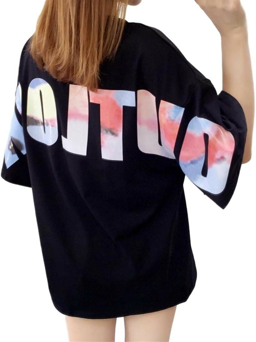 Rakuten - Tシャツ 半袖 ゆったり カジュアル トップス ロン カットソー レディース 黒 M (ブラック, M)