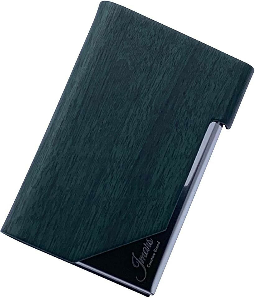 Name Card Cases - 名刺入れ メンズ 木目調 ステンレス 名刺ケース 薄型 ビジネス用 ギフト対応 (木柄ダークグリーン, 9.5cmx6.5cmx1.2 cm)