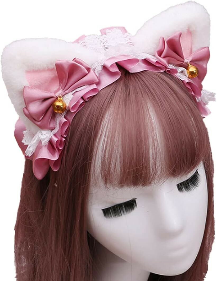ヘッドドレス ねこ耳 カチューシャ メイド リボン コスプレ 髪飾り 白耳・ピンク (白耳・ピンク)