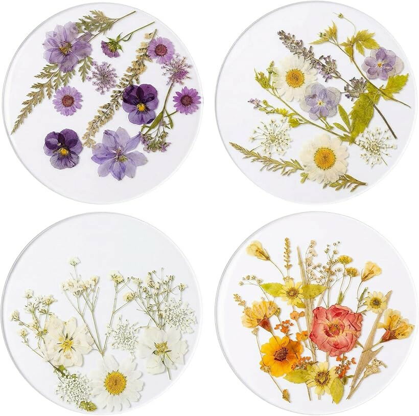Other - コースター おしゃれ 花柄 透明 4枚セット ボタニカル 押し花風 来客用 カフェ風 インテリア 雑貨 ギフト PVC製 割れない (花柄, 円形)