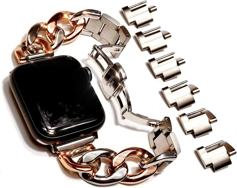 Watch Band, Belt - Apple watch チェーンバンド バタフライバックル おしゃれ アップルウォッチ 時計 ステンレス/シルバー レディース メンズ ギフト プレゼント 40mm 41mm (シルバー/ピンクゴールド, 40mm 41mm 42mm)