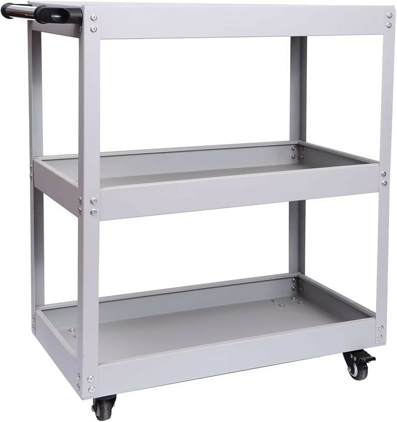 ツールワゴン 3段 キャスター付 耐荷重150KG 業務用 ハンドル ドライバーホール付 スチール製 工具ワゴン (グレー)