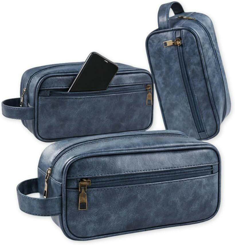 Second Bag - ミニセカンドバッグ トラベルポーチ 防水ポーチ マルチバッグ クラッチバッグ PUレザー ビジネス ハンドバッグ 軽量 旅行 トイレタリーバッグ 洗面用具 吸湿素材 ドライ 化粧ポーチ (ネイビー, 縦11cm、横23cm、厚さ10cm)