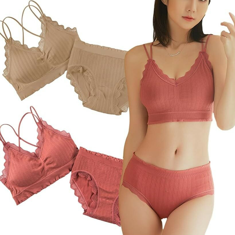 下着 レディース 2枚 上下 セット ノンワイヤー ブラ レース ショーツ バッククロス (ピンクモカ, Free Size)