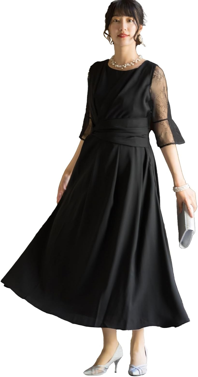 パーティ ワンピース ドレス レディース ウエスト モチーフ ベルト 結婚式およばれワンピース パーティードレス (ブラック / 77000034, S)
