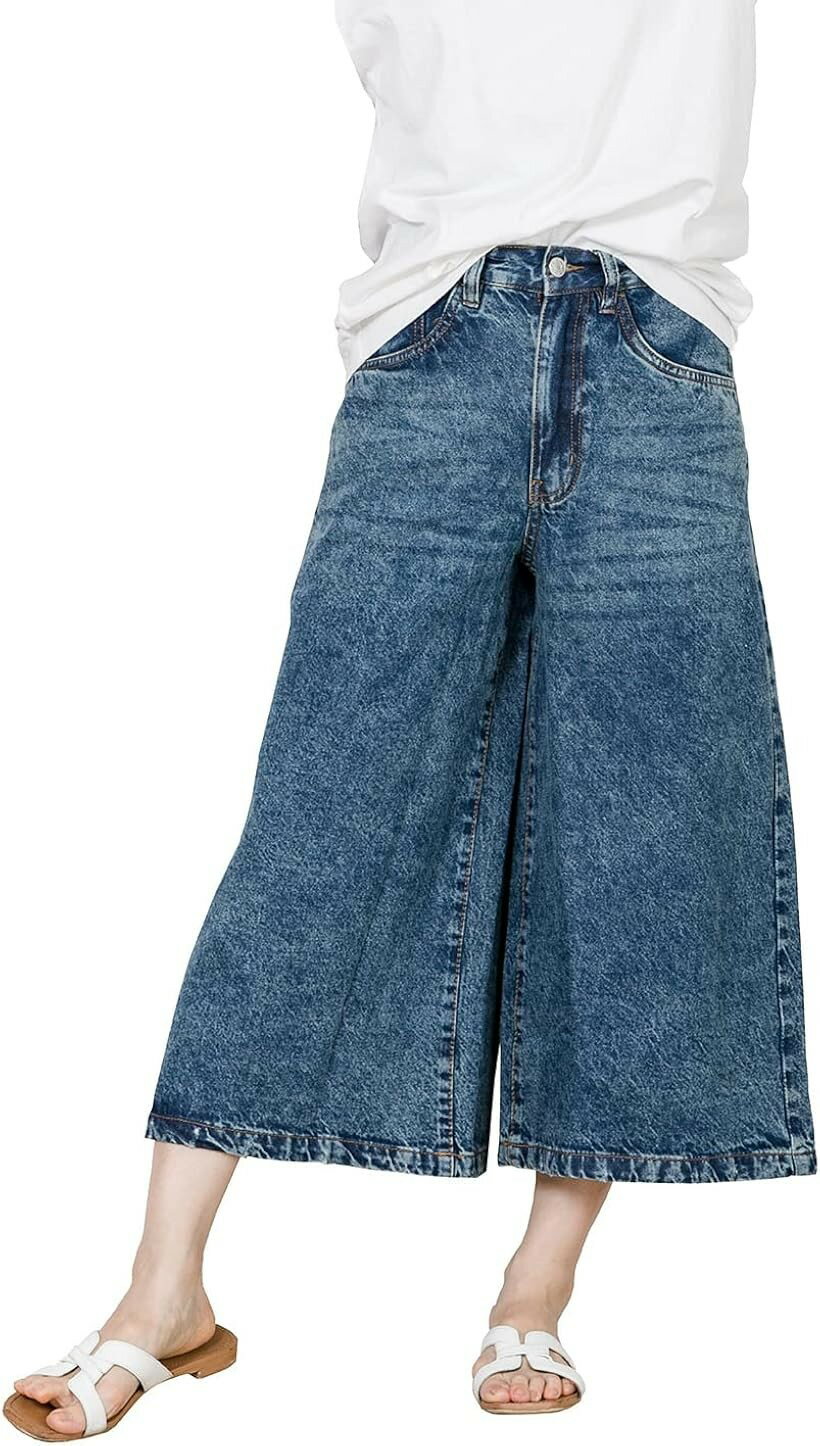 ワイドパンツ ミモレ丈 デニム ガウチョパンツ ジーンズ ボトムス レディース (ウォッシュブルー, L)