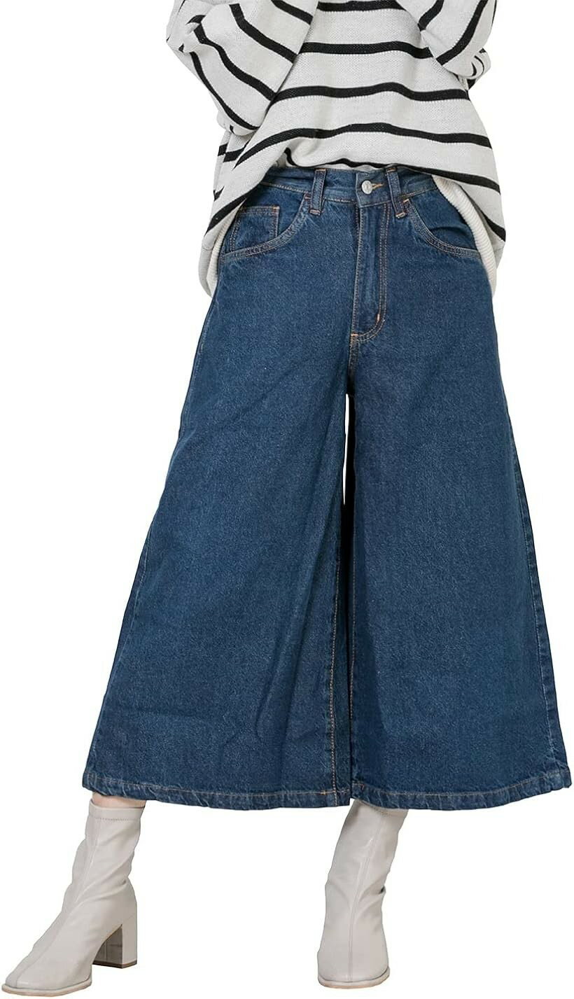 Culotte - ワイドパンツ ミモレ丈 デニム ガウチョパンツ ジーンズ ボトムス レディース (ネイビー, L)