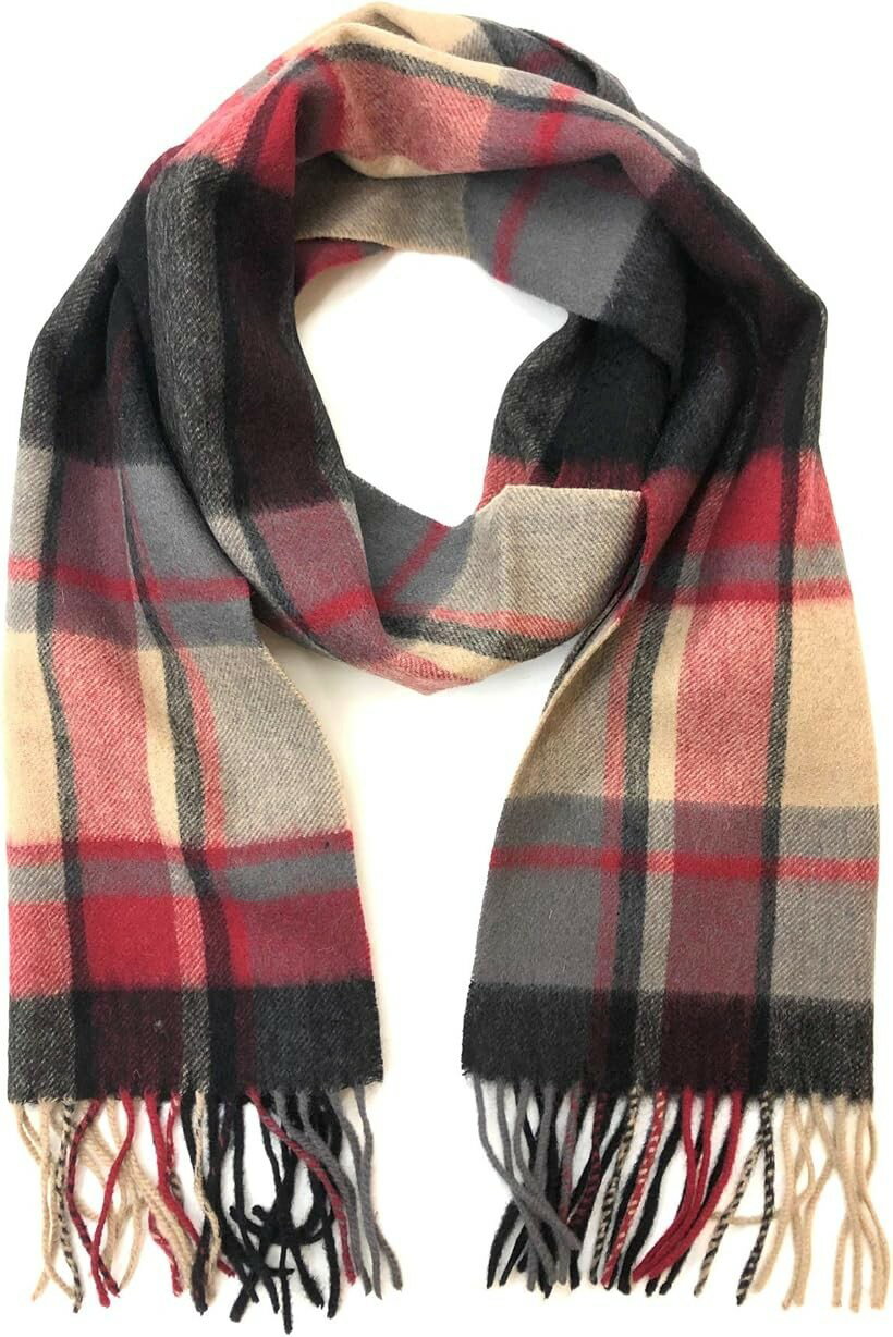 Mufflers - ウール100％ 温かいベーシックなマフラー 165cmx31cm レッド/ベージュ (レッド/ベージュ, Free Size)