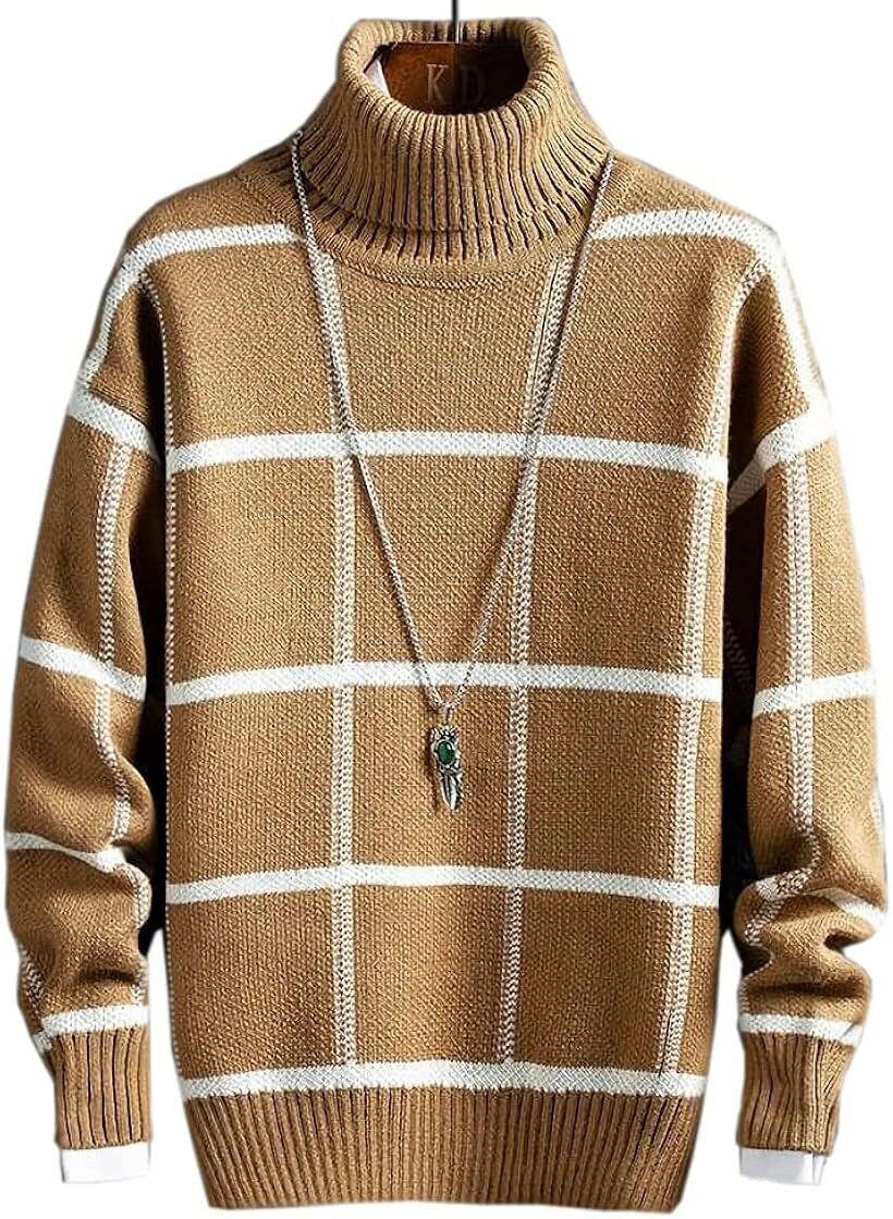 Knit Sweater - アスペルシオ タートルネック チェック柄 ニットセーター 長袖 トップス メンズ M ブラウン (ビスケットブラウン, M)