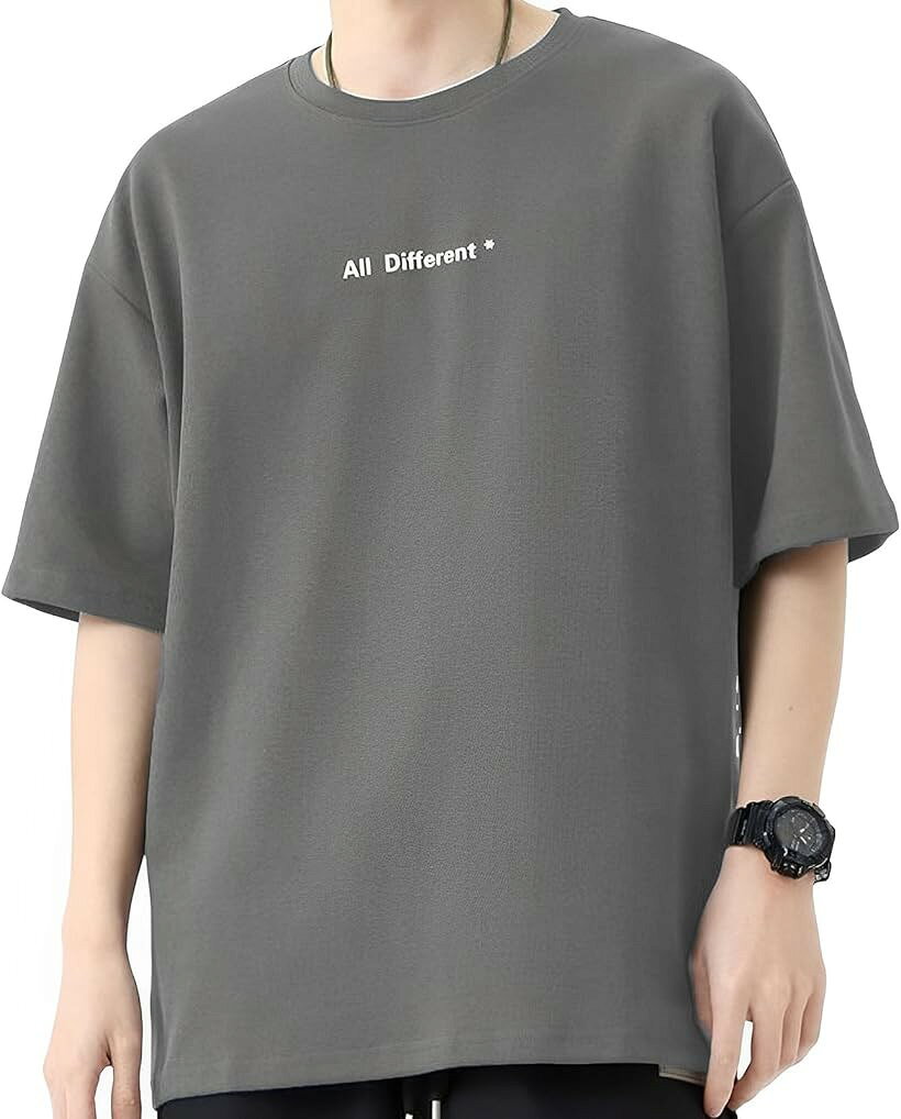 アスペルシオ ストリート系 半袖 Tシャツ クルーネック オシャレ 英字 プリント プルオーバー メンズ ショートスリーブ カットソー ラウンドネック アメカジ レゲエ サラサラ 涼しい 襟なし クラッシック (サンドグレー, L)