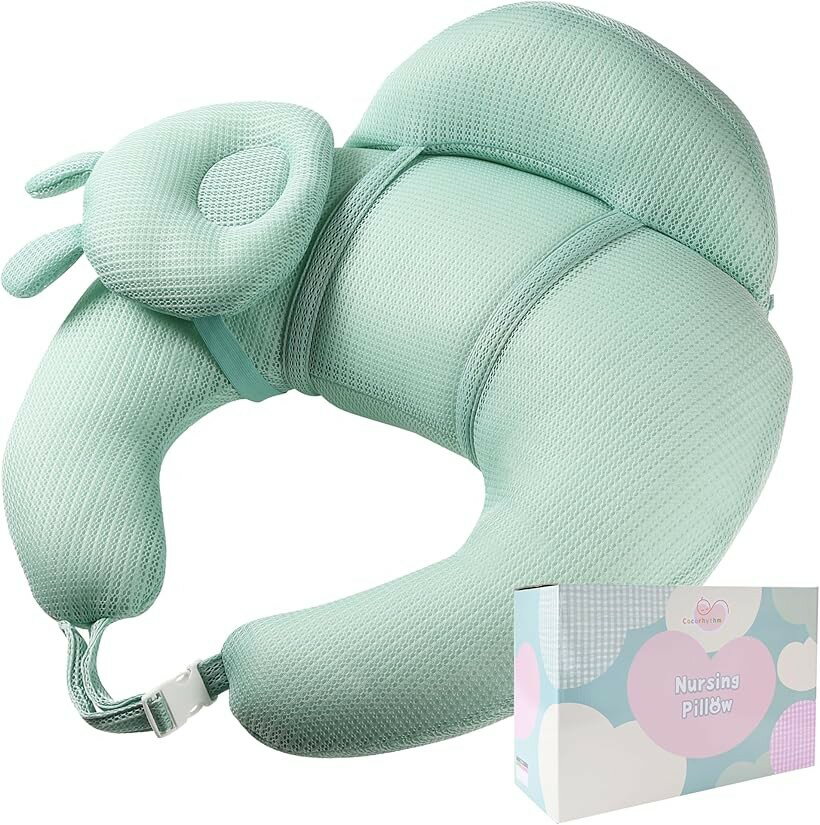 授乳クッション Nursing Pillow 助産師監修 綿 洗える 授乳用 負担軽減 2つの補助まくら ミントグリーン (ミントグリーン, 横幅：約60cm、奥行：約50cm、高さ：約18cm)