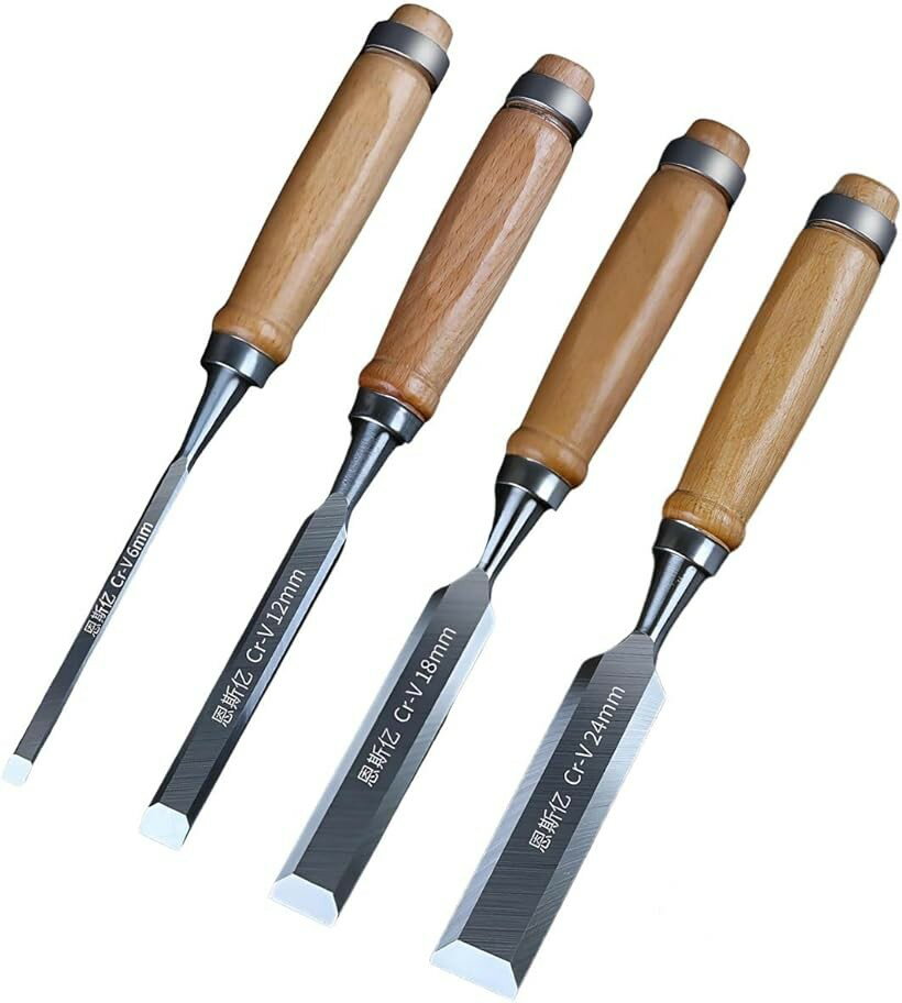 Chisels - 木工平ノミ 4本セット 木彫り クロムバナジウム鋼 のみセット フラット 彫刻 切れ味抜群 プロ仕様 木工用 大工道具 DIY 面取り 鑿 6/12/18/24mm