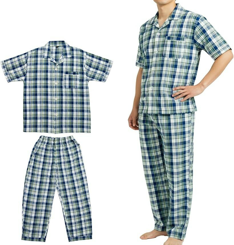 パジャマ ルームウェア メンズ サッカー素材 チェック 綿 100％ 半袖 長ズボン 上下セット 前開き 紳士 部屋着 チェック柄 春 夏 さらさわ質感 肌にやさしい (デザインO, L)