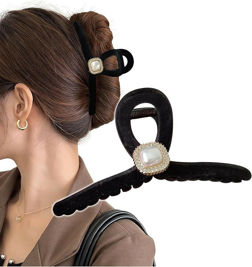 バンスクリップ ヘアクロー ヘアクリップ ビジュー 大きめ パール ブラック 髪留め...
