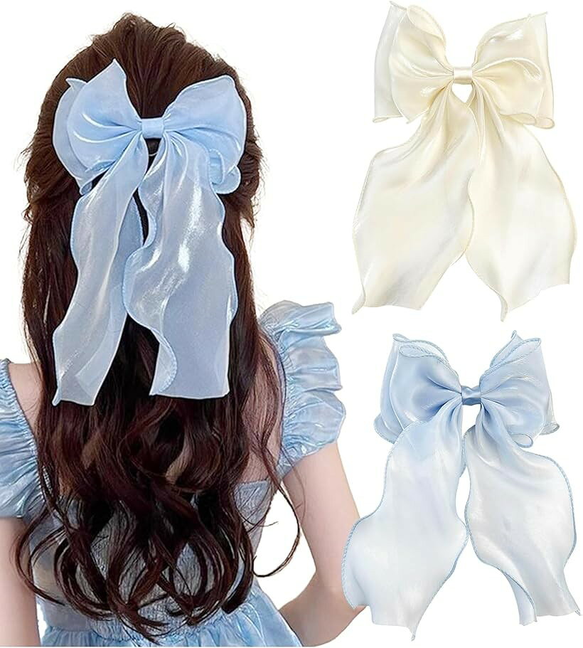 バレッタ ヘアクリップ ヘアピン リボン シフォン ヘアアクセサリー 髪飾り 2個セット (ホワイト、ブルー)