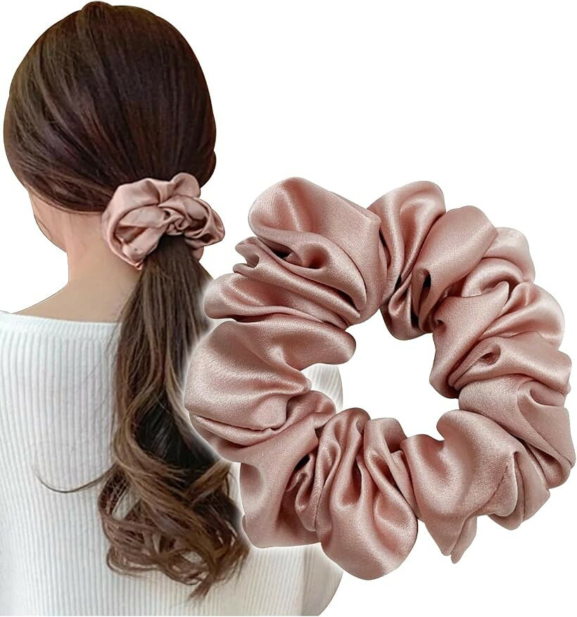 シュシュ シルク100% ヘアゴム 髪にやさしく跡がつかない 母の日 髪ゴム おしゃれ 大人 1個セット (モーブピンク, Large (幅5cm))