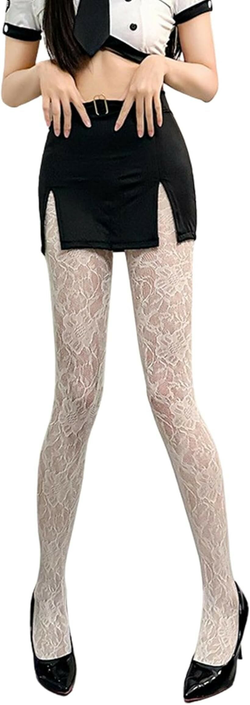 Tights - レースタイツ 柄タイツ 柄ストッキング ハロウィン 花柄 (ホワイト, Free Size)