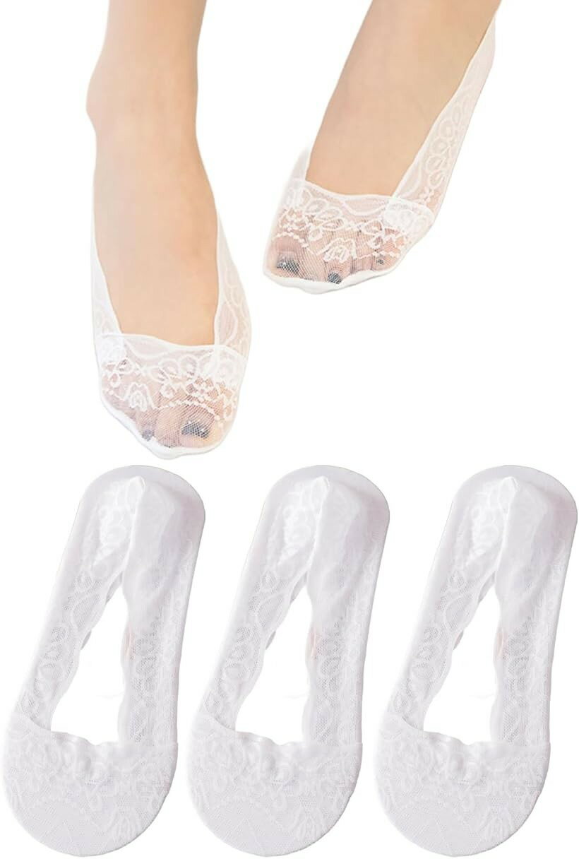 パンプス用靴下 レース 浅め 3足セット フットカバー レディース (ホワイト3足, Free Size)