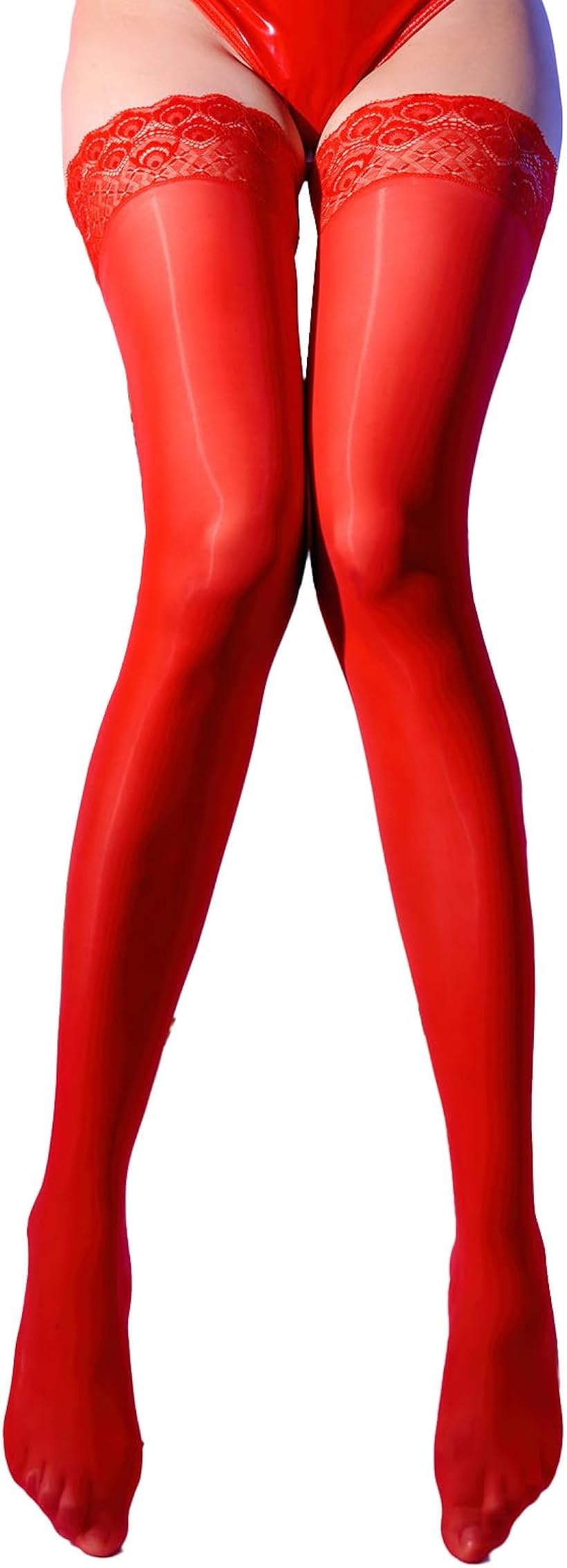 Stockings - ニーハイストッキング 光沢ストッキング ガーター セクシー 光沢パンスト (レッド, Free Size)