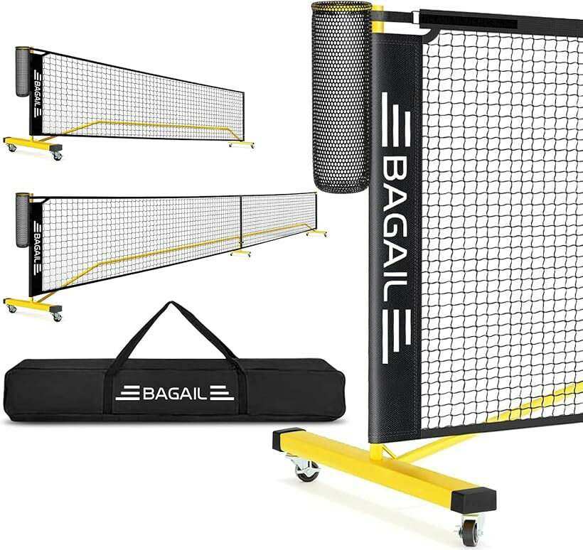 ピックルボールネットアウトドア用 2in1型 6.7M/3.35Mネット ポータブル 屋外規制サイズ 規制フルサイズ ボールコレクター付き 360度回転可能なロック付きキャスター (イエロー＋ブラック, 2in1型 6.7M/3.35M)