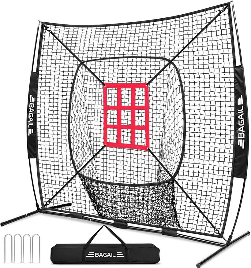BAGIL野球ネット ベースボールネット 練習用 バッティングネット ピッチングネット スチール製 野球器具 硬式/軟式対応 打撃 投球 防球ネット ソフトボール練習ネット 折り畳み (レッド/ブラック（丸穴）, 212x212x108)