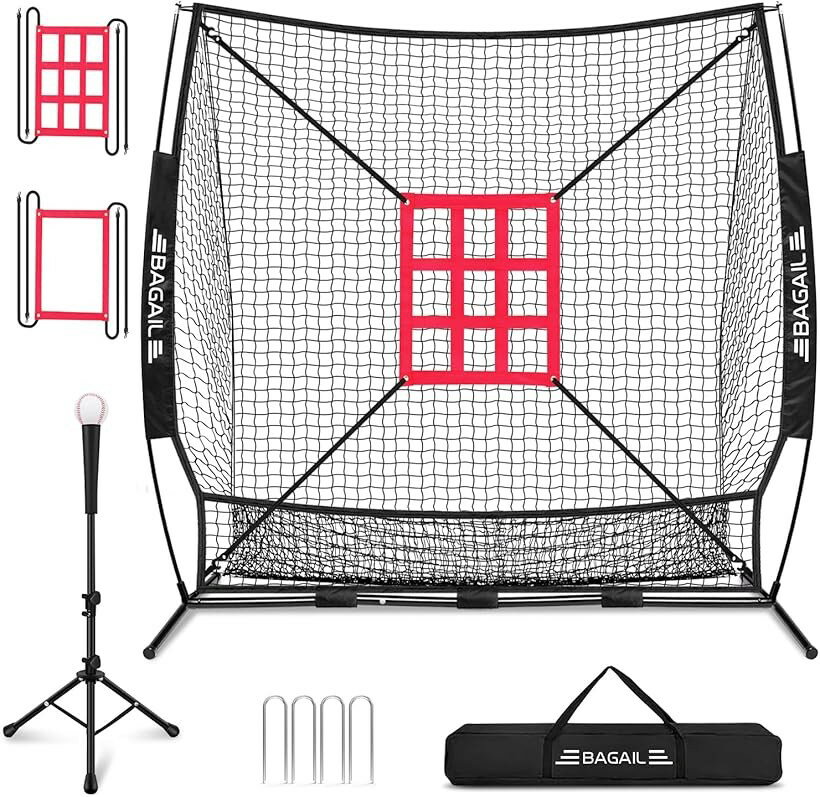 Other - 野球ネット ベースボールネット 練習用 バッティングネット ピッチングネット スチール製 野球器具 硬式/軟式対応 打撃 投球 防球ネット ソフトボール (レッド/ブラック, 212x212x108)