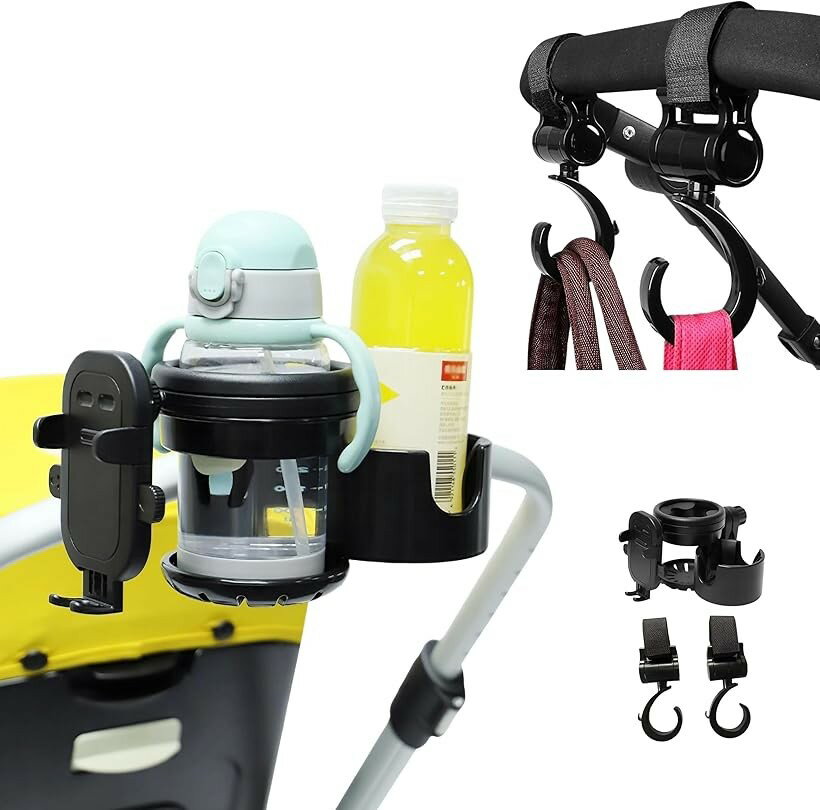 バリエーションコード : 2b9w4wuhvc商品コード2b93o0oksj商品名ベビーカー ドリンクホルダー 2個置き + スマホホルダー ブランケットクリップ フック セット 黒 哺乳瓶 ペットボトル 360˚ 回転 2in1 ドリンクホルダーx1、フックx2ブランドEast Leafカラーブラック「簡単取付・強力固定」工具不要で取り付け簡単なクランプ式ベビーカー用ドリンクホルダー。強力に固定され、ドリンクの重みで傾く心配がなく、様々なベビーカーやペットカートに対応。「2in1ドリンクホルダー＆スマホホルダー」ママと赤ちゃん用に2つのドリンクホルダーを備え、スマホホルダーも搭載。360°回転機能で地図や動画を見やすく調整可能。「多様なドリンク対応・安心設計」ペットボトルやベビーマグなど多様なボトルに対応。滑り止め付きで揺れにも安心。ABS素材で安全性と耐久性を実現し、長く使える設計です。「フック＆クリップ付き」ベビーカーに簡単取り付け可能な滑り止め設計のフックと大型クリップ付き。ベビー靴、バッグ、帽子、ブランケットなどをしっかり固定し落下を防止します。旅行や外出時に便利。「仕様」サイズ: ドリンクホルダー 21x10.5x11.5cm/ クリップ25x2cm/ フック 14x5cm、材質:ABS・シリコン/PUレザー/ABS、面テープ(ホルダー/クリップ/フック)、「セット」 (1)ドリンクホルダーx1、(2)ドリンクホルダーx1、クリップx2 、(3)ドリンクホルダーx1、フックx2、(4)ドリンクホルダーx1、フックx2、クリップx2「East Leafオリジナル」East Leafオリジナル梱包にてお届けいたします。※ 他ネットショップでも併売しているため、ご注文後に在庫切れとなる場合があります。予めご了承ください。※ 品薄または希少等の理由により、参考価格よりも高い価格で販売されている場合があります。ご注文の際には必ず販売価格をご確認ください。※ 沖縄県、離島または一部地域の場合、別途送料の負担をお願いする場合があります。予めご了承ください。※ お使いのモニタにより写真の色が実際の商品の色と異なる場合や、イメージに差異が生じることがあります。予めご了承ください。※ 商品の詳細（カラー・数量・サイズ 等）については、ページ内の商品説明をご確認のうえ、ご注文ください。※ モバイル版・スマホ版ページでは、お使いの端末によっては一部の情報が表示されないことがあります。すべての記載情報をご確認するには、PC版ページをご覧ください。