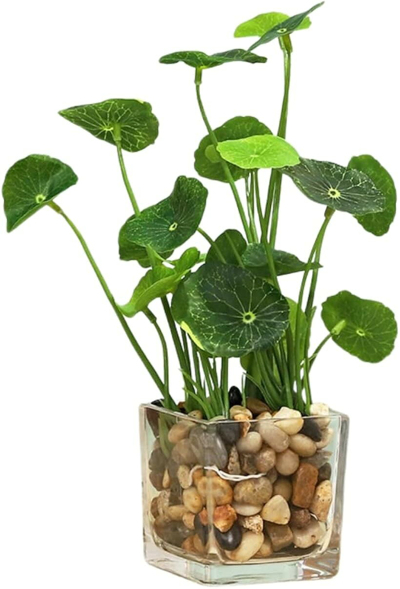観葉植物 フェイク 造花 ミニ 卓上 インテリア おしゃれ 人工 フェイクグリーン ガラスポット (蓮, 25cmx6.5cm)