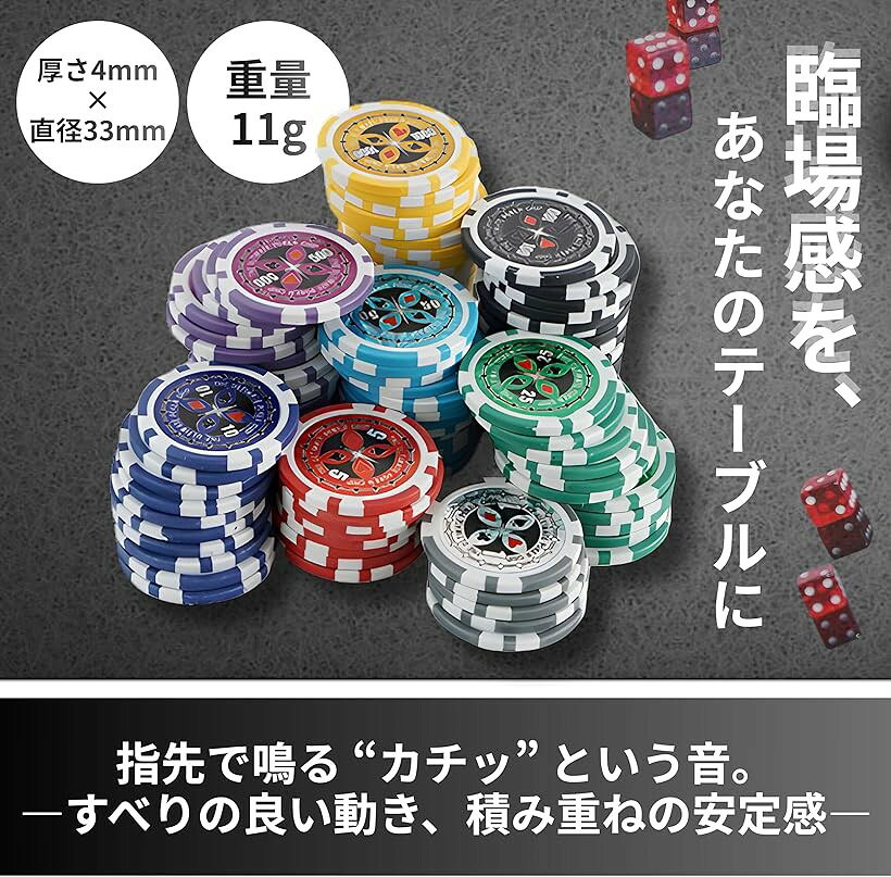 ポーカーチップ カジノチップ 8種300枚 アルミケース サイコロ トランプ付 家庭用 ...
