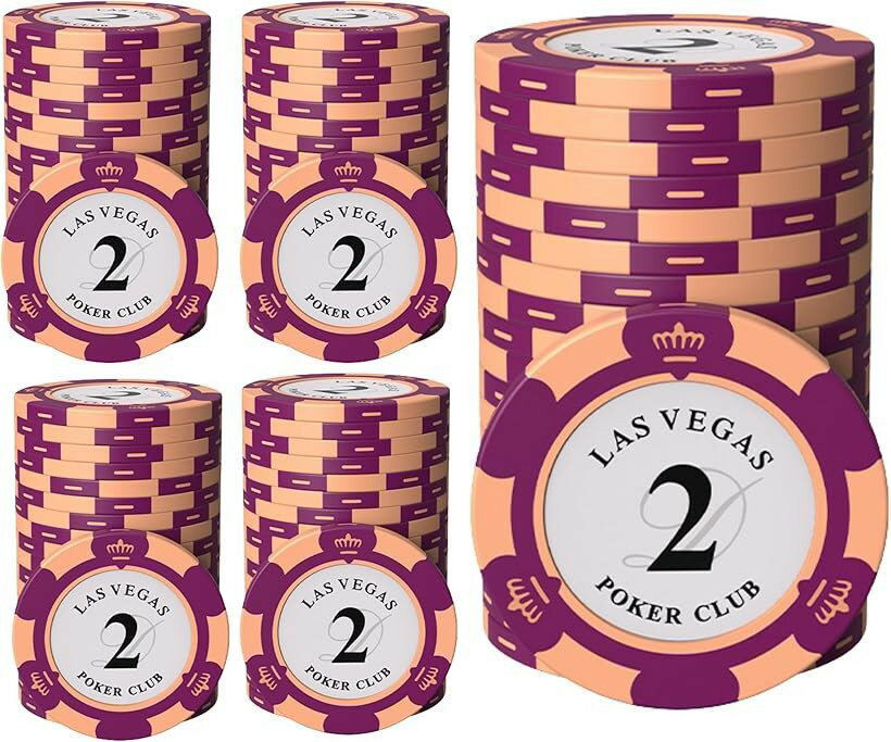 Board, Table Game - ポーカーチップ クレイ製 カジノチップ 2 面値 単品 100枚セット メタルインサート入り 高級 重厚感 本格仕様 カードゲーム用 (面値「2」, 直径 約40mm)