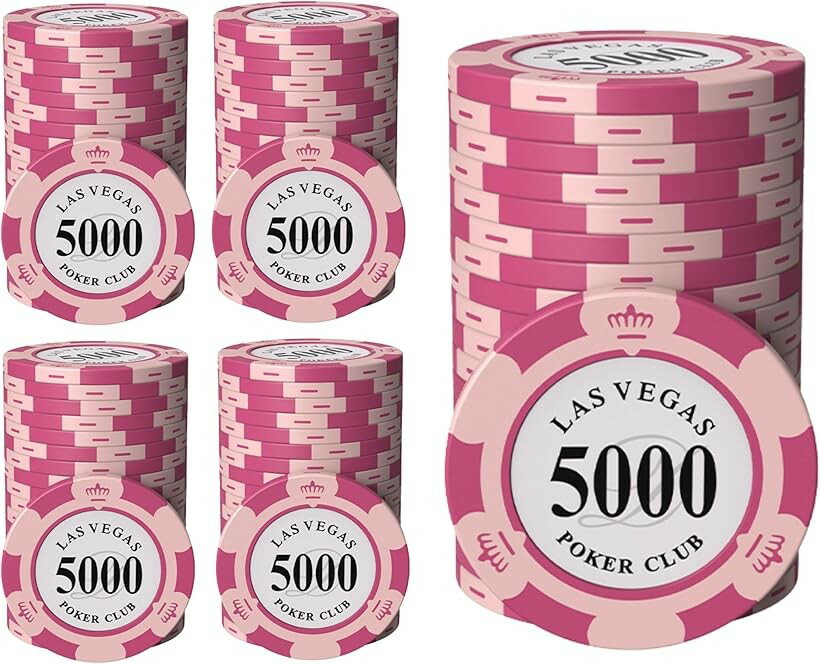 Board, Table Game - ポーカーチップ クレイ製 カジノチップ 5000 面値 単品 100枚セット メタルインサート入り 高級 重厚感 本格仕様 カードゲーム用 (面値「5000」, 直径 約40mm)