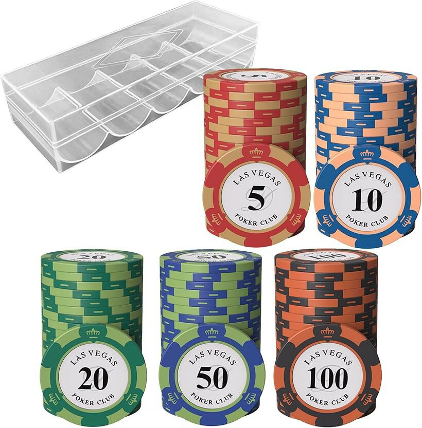 Board, Table Game - ポーカーチップ カジノチップ クレイ製 100枚 セット メタルインサート入り 高級 重厚感 本格仕様 テキサスホールデム対応 ケース付き (面値「5～100」5種セット, 直径 約40mm)